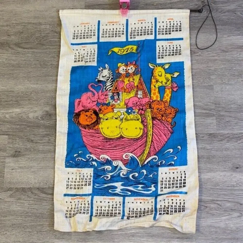 Vintage 1975 Linen Hanging Calendar Noah's Ark